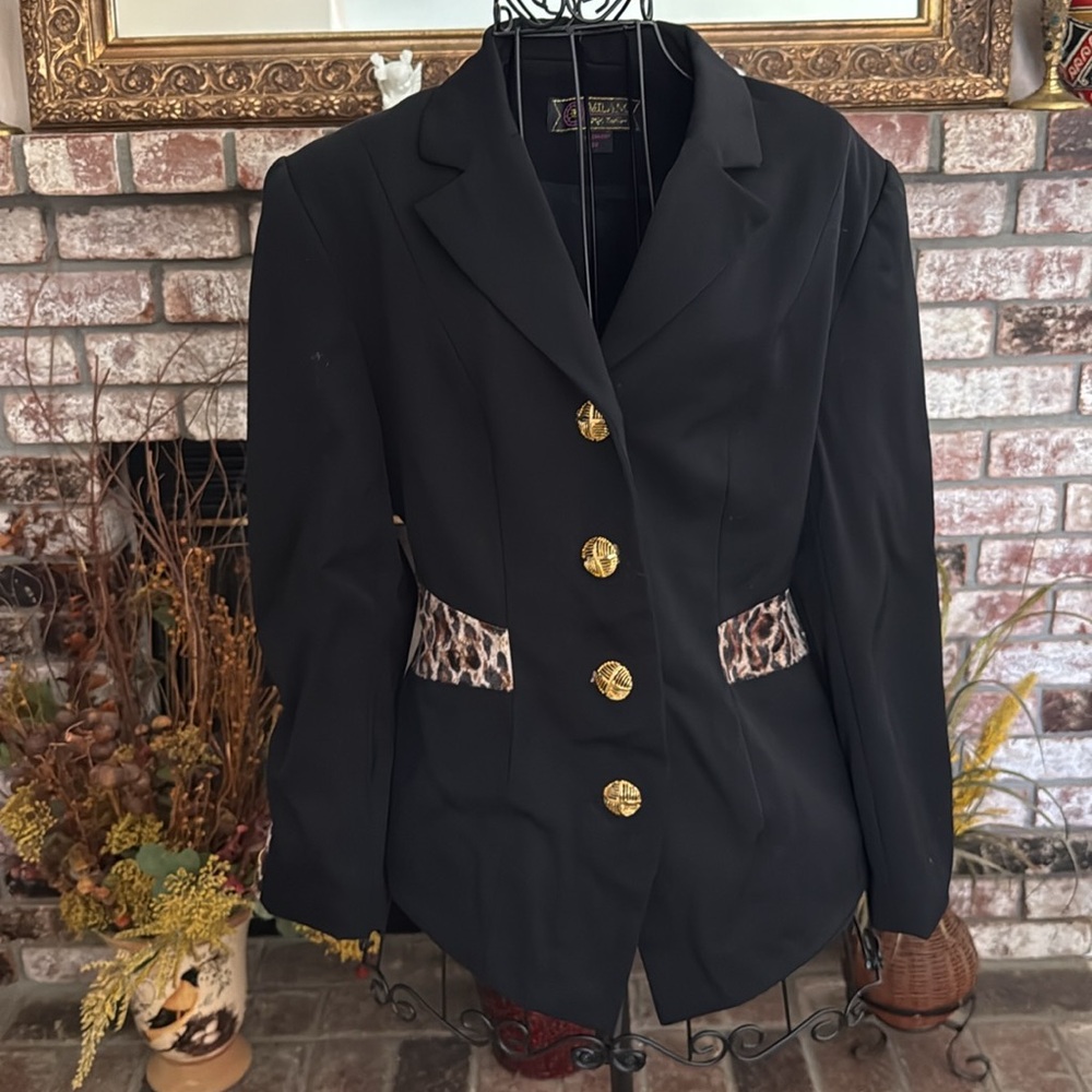 Vintage Women’s 80s Faux Leopard Fur Accent Gold Button Suit Blazer Sz 38
